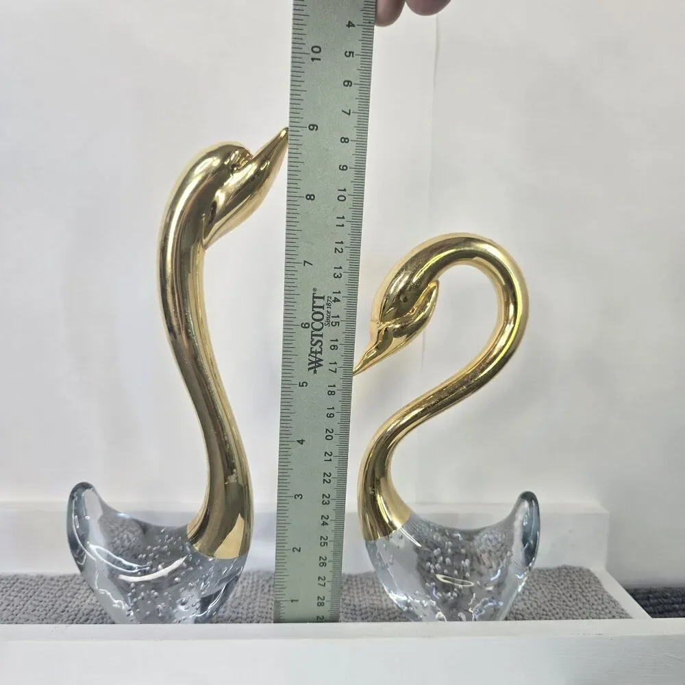 Set of 2 Glass and Brass Swan Figurines Vintage Decoration